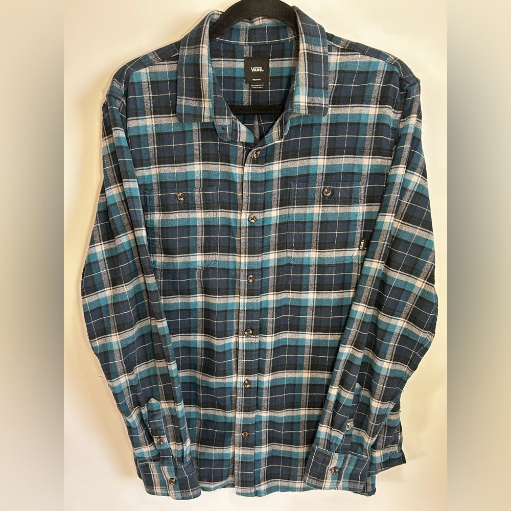 Vans Men's Teal and Black Plaid Button Down Shirt